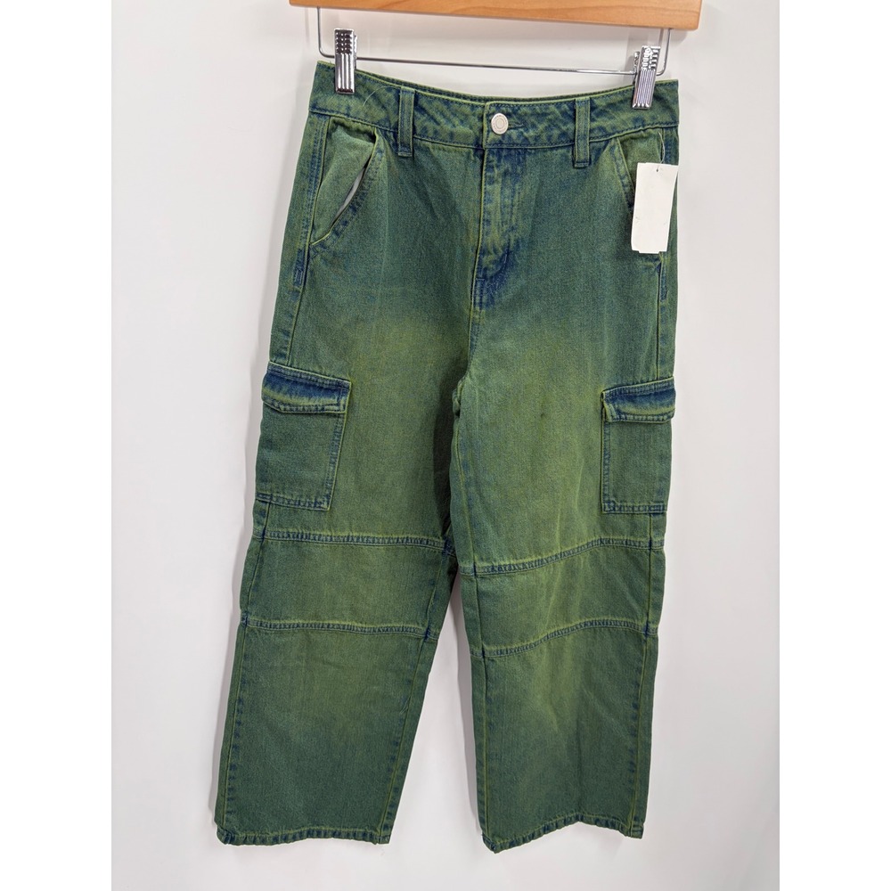 Habitual Girl Kids Green Tint Cargo Jeans High Waist Wide Leg Denim Size 12 NWT